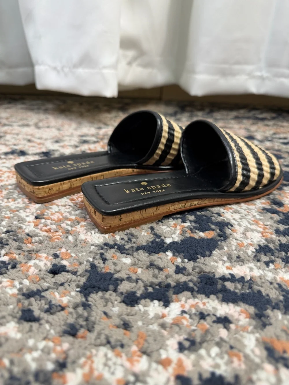 NWOT Kate Spade New York ‘Juiliane’ Raffia Slide Sandals in Black Stripe Sz 5.5